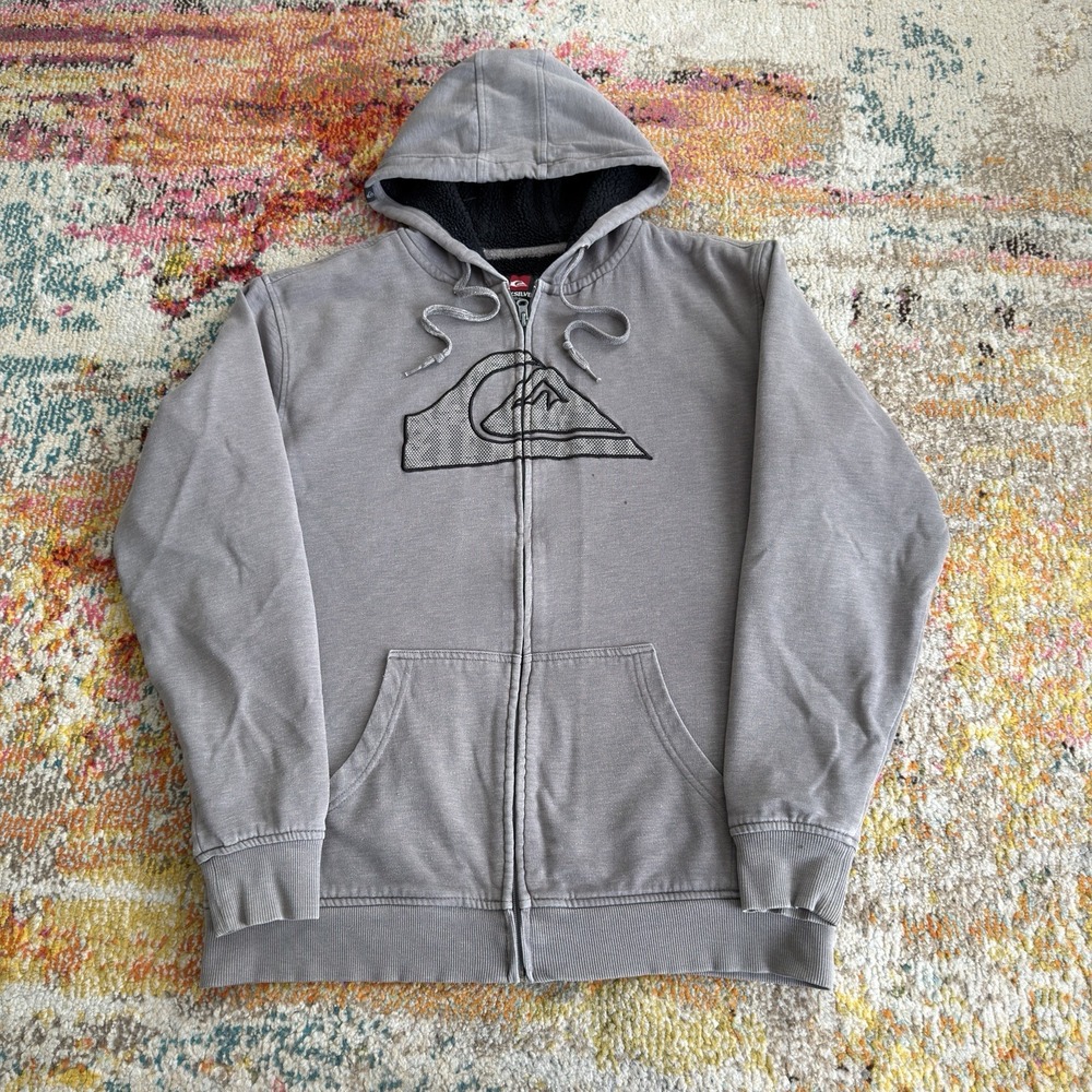 Vintage Y2K Quiksilver Sherpa Lined Full Zip Hoodie Mens L Grey Wave Logo